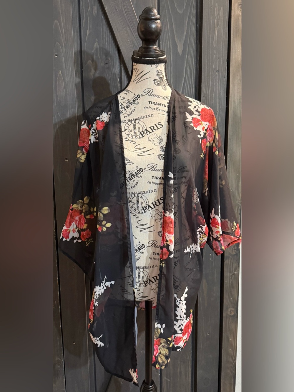 Black Floral Sheer Kimono Cover-Up